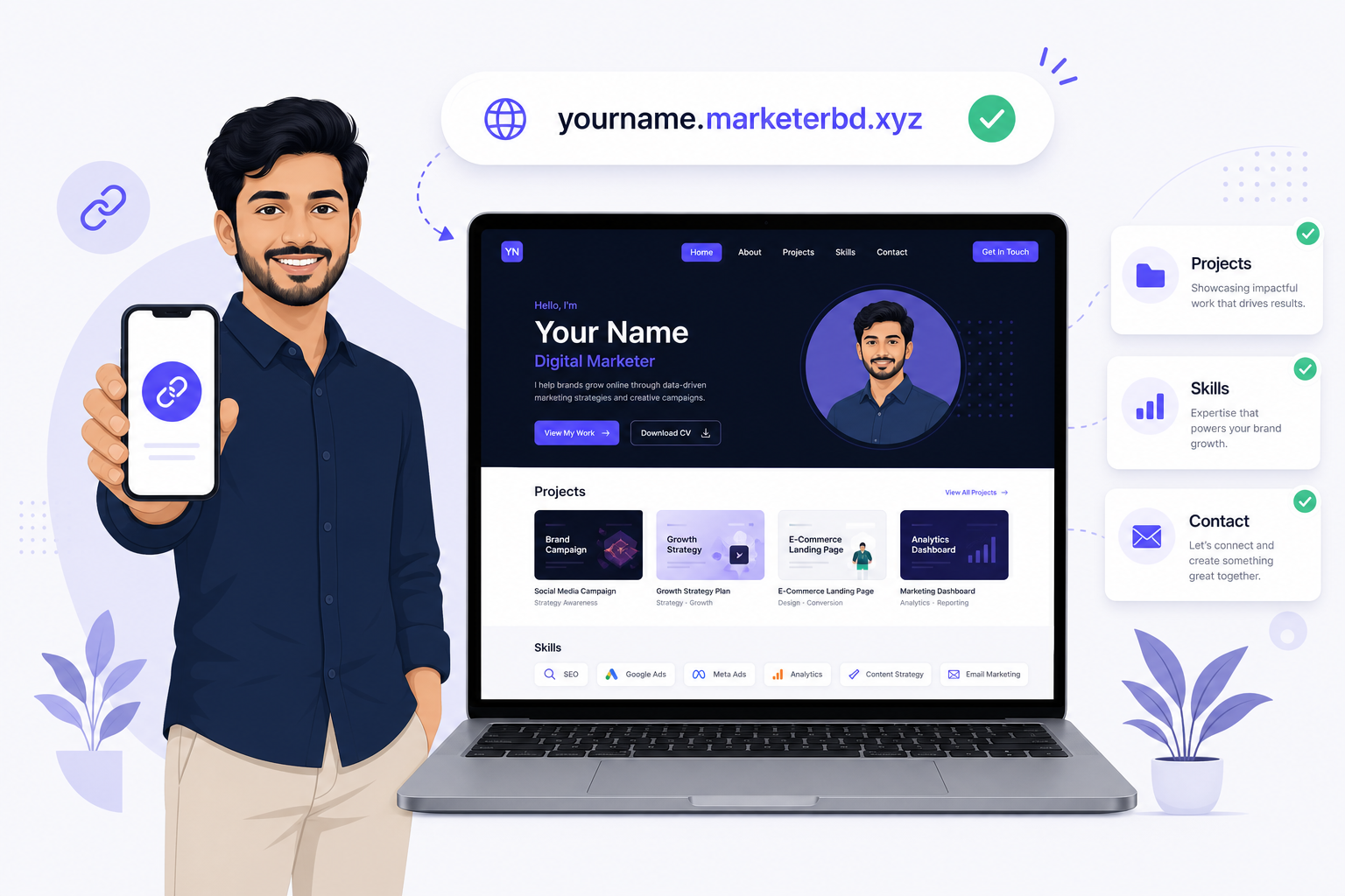 Professional portfolio website preview on laptop with MarketerBD subdomain
