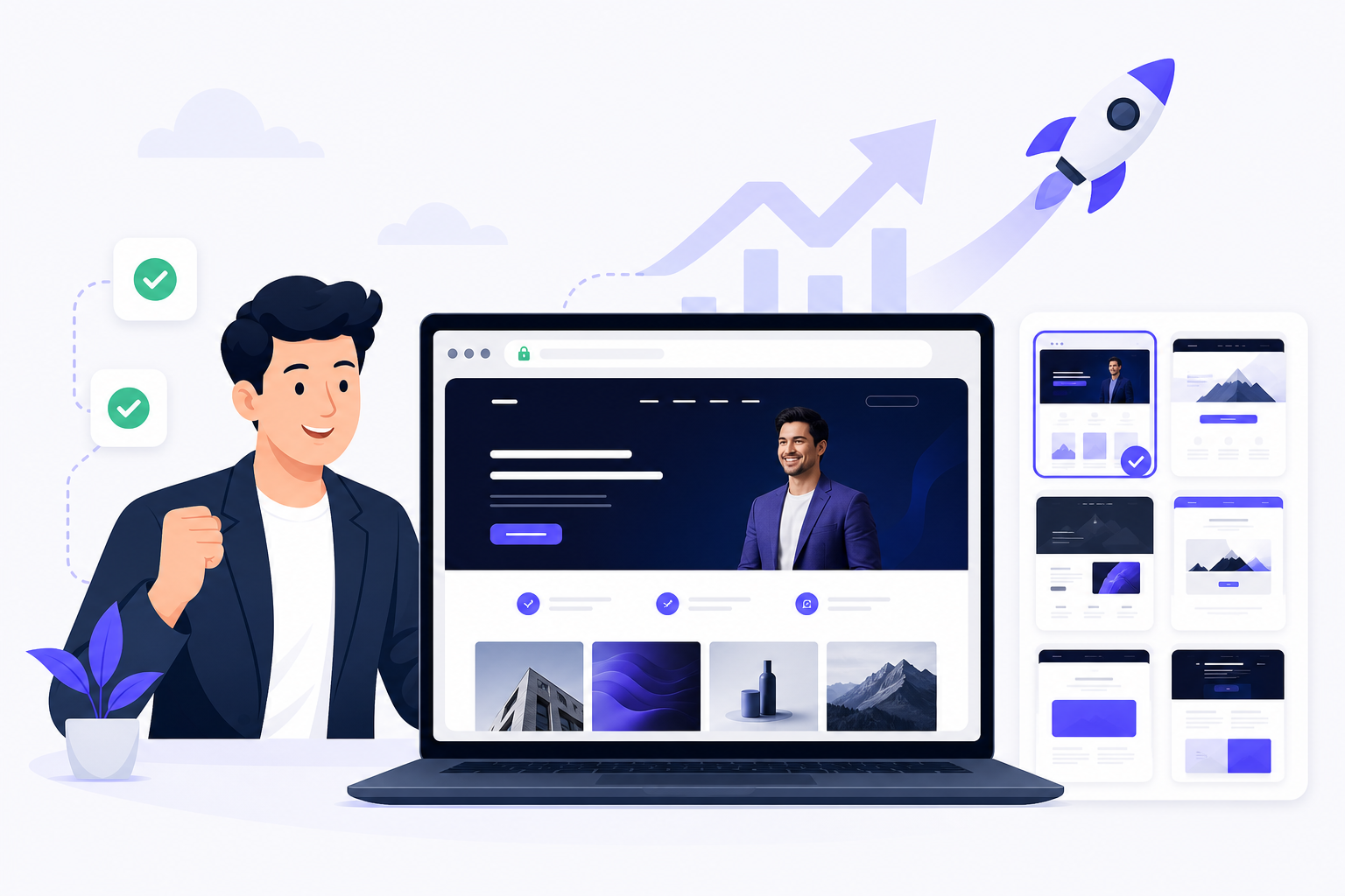 MarketerBD solution — polished portfolio live on laptop with templates and instant publish